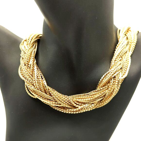 Chunky Braided Collar Statement Necklace - Multistrand - Goldtone - 19in - Picture 1 of 2